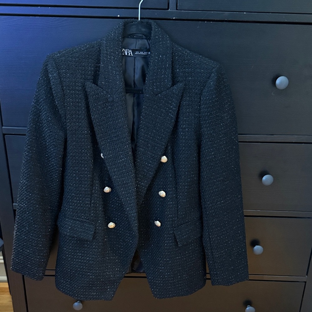 Zara Textured Black Blazer with Gold Accents